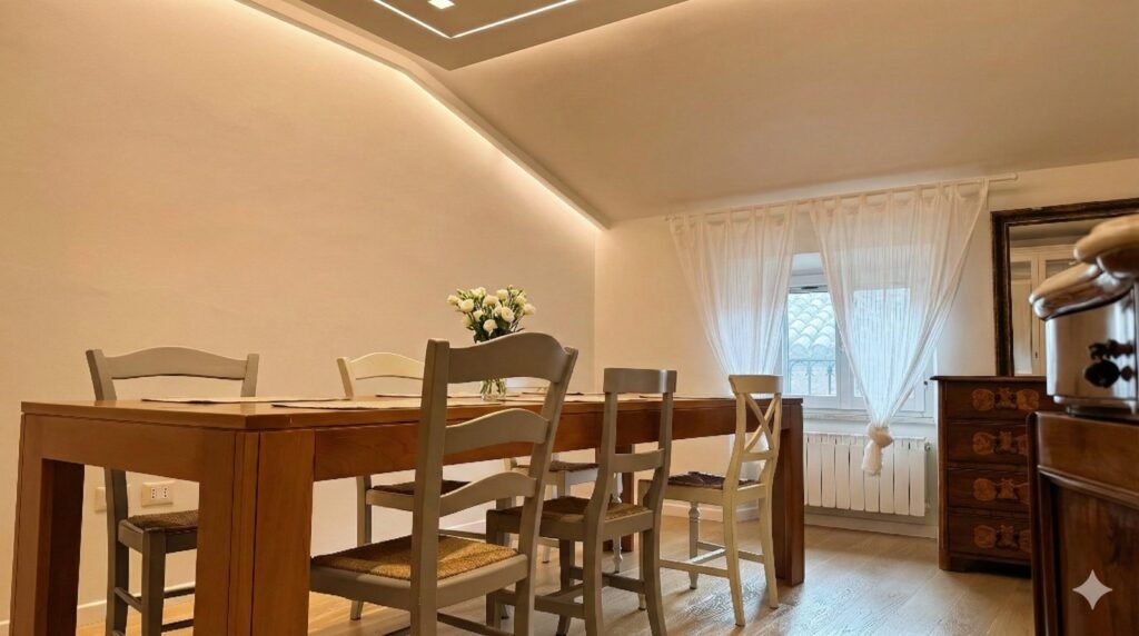 Soggiorno di Riflesso ad Assisi con tavolo da pranzo in legno, sedie impagliate e illuminazione indiretta a soffitto
